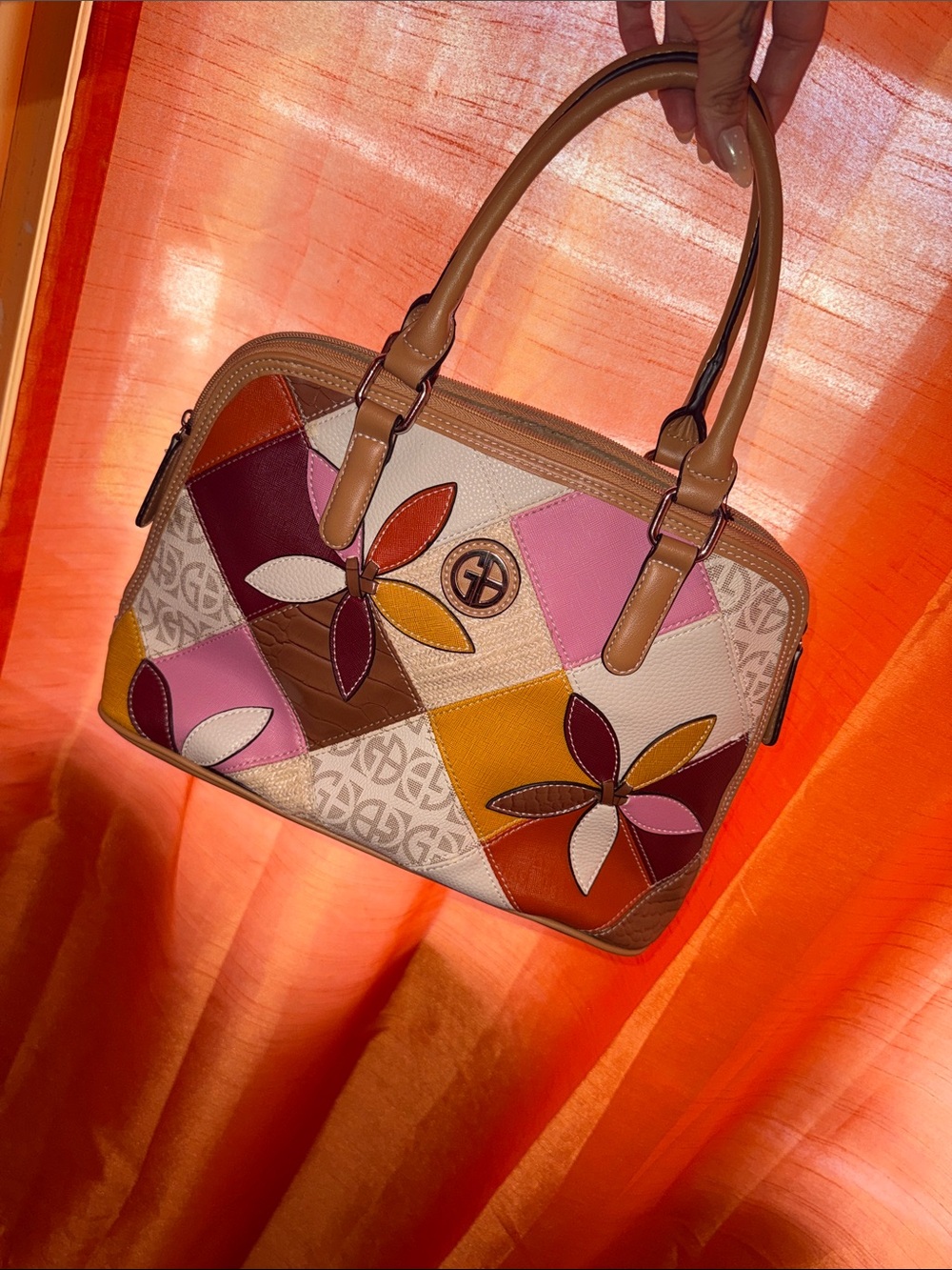 Patchwork Floral Satchel in Pink, Yellow, Tan, Cream, Brown